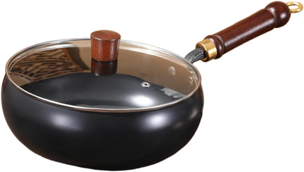 Flat Bottom Wok Sturdy Stir Fry Pan Comfortable Handle without Coated Cookware Cooking Pot for Hotel Camping Home Kitchen Restaurant, Glass Lid7