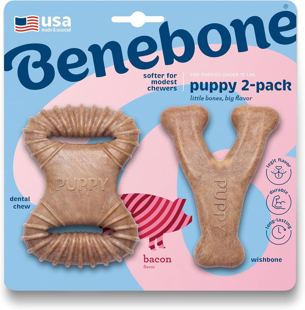 Benebone Puppy 2-Pack Dental Chew/Wishbone Dog Chew Toys, Made in USA, Real Bacon Flavor1