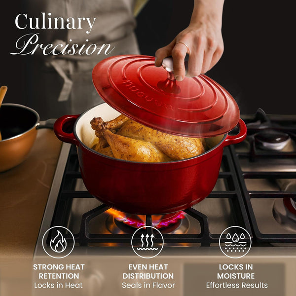 Enamelled Cast Iron Dutch Oven Pot with Lid-6.4 Quart Non Stick Casserole Pot-Heavy Duty & Oven Safe up to 500° F for Bread Baking, Braising, Stews, Roasting - 28Cm Red6