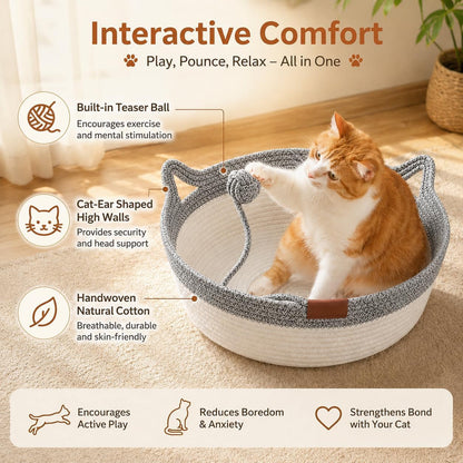 Large Scratchable Handwoven for Cats Stimulicat Handwoven Cat Basket, Cotton Rope Cat Bed round Pet Basket, Hand Woven Boho Cat Bed (Grey, without Cushion)5