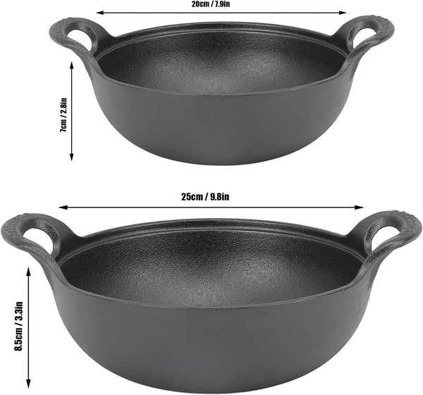 Cast Iron Wok with 2 Handle and Wooden Lid, Seasoned Cast Iron Wok Chinese Wok, Deep Frying Pan with Flat Base Uncoated for Stir Fry Grill Steam Authentic Asian Chinese Food (25Cm/9.8In)2
