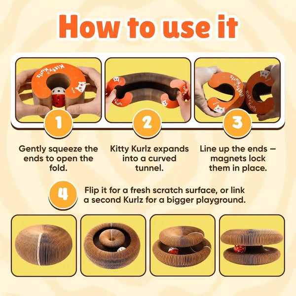 KITTY KURLZ Interactive Cat Toy & Cardboard Cat Scratcher | Collapsible Ball Track with Bell, for Indoor Cats, Reversible Scratch Ring, Play, Chase and Lounge5
