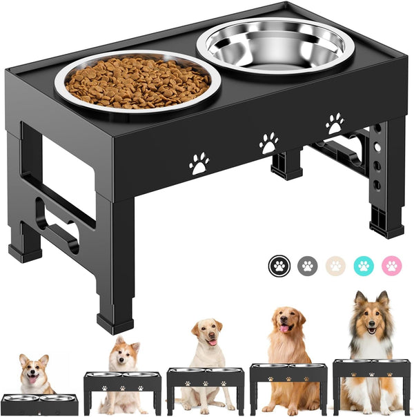 Elevated Dog Bowls with 2 Stainless Steel Bowls, 5-Height Adjustable Stand (3.1", 9" to 12"), for Improved Digestion & Neck Support, Easy Clean, Non-Slip Base Raised Feeder for Medium Large Dogs1
