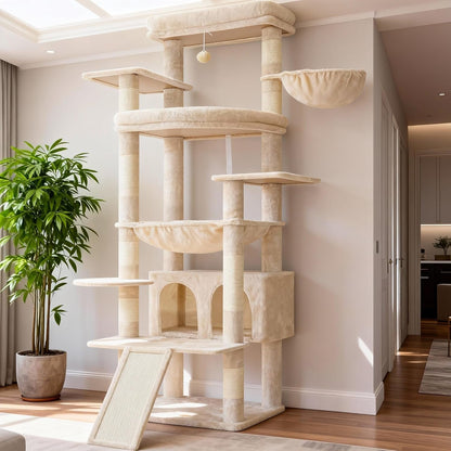Heybly Cat Tree, 71-Inch-Tall Tower for Indoor Cats with 2 Perches HCT034W | Large Cat Furniture with 2 Big Condos, 2 Hammocks, Basket, Scratching Pad, Multi-Level Cat Condo, Light Gray21