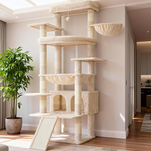 Heybly Cat Tree, 71-Inch-Tall Tower for Indoor Cats with 2 Perches HCT034W | Large Cat Furniture with 2 Big Condos, 2 Hammocks, Basket, Scratching Pad, Multi-Level Cat Condo, Light Gray21