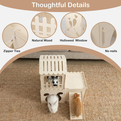 Extra Large Rabbit Castle, Wooden Bunny House &,Detachable Rabbit Hideaway, Indoor Hamster Castle with Ramp, Small Animal Houses & Habitats for Guinea Pig Chinchilla Ferret(3 House)3