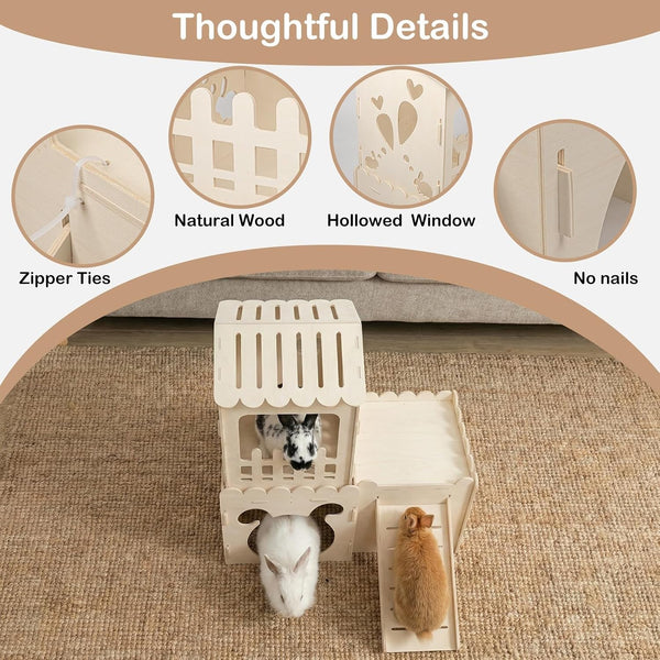 Extra Large Rabbit Castle, Wooden Bunny House &,Detachable Rabbit Hideaway, Indoor Hamster Castle with Ramp, Small Animal Houses & Habitats for Guinea Pig Chinchilla Ferret(3 House)3