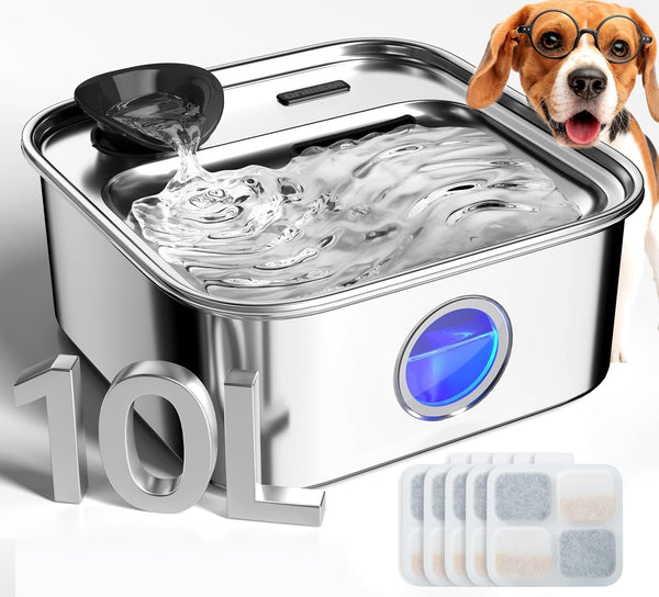 Oneisall 10L/2.6Gal Dog Water Fountain for Large Dogs (With 1 Filter) | Deeper & Wider Drinking Area, Visualization Window & Triple Filtration,304 Stainless Steel Dog Water Bowl Dispenser12