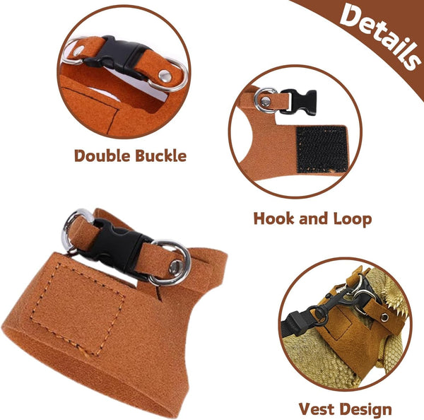 3 Pack Bearded Dragon Harness and Leash Set - Adjustable Soft Leather Lizard Harness Leash Small Animal Traction Rope Training Walking Vest Accessories for Reptile Squirrel Rat (Brown)4