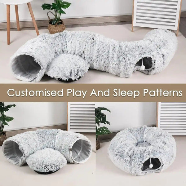 Baseola Fuzzy Cat Tunnel Bed for Indoor Cats, 2-In-1 Interactive Cat Toys | Peekaboo Cat Cave with Washable Mat, Collapsible Cat Play Tunnel for Kittens & Small Pets, Plush Cat Donut Bed Tunnel, Grey9