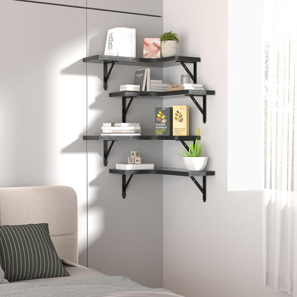 Corner Floating Shelves Wall Mounted Set of 4, Rustic Wood Storage Display Shelves for Home Decor, Bathroom, Kitchen, Bedroom, Living Room, Office (Black)7
