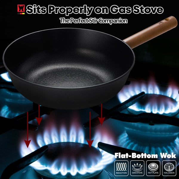 Aluminum Body Flat Bottom Wok, Restaurant & Business Grade Fry Pan Titanium Coated Non-Stick Surface, Wooden Handle, Made in Korea, Deep Large Skillet, Black(17.91"L X 11.22"W X 3.15"H)7