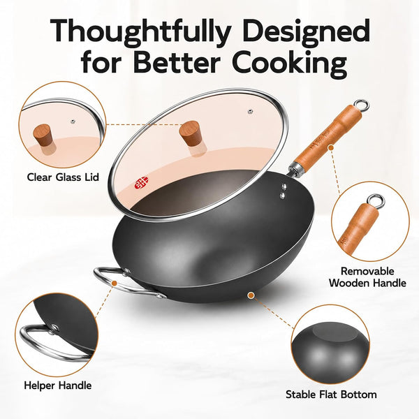 13.4 Inch Carbon Steel Wok Pan with Glass Lid, Flat Bottom Chinese Stir Fry Wok for Induction, Gas and Electric Stoves, Uncoated Iron Wok for Stir Frying, Sautéing and Deep Frying6
