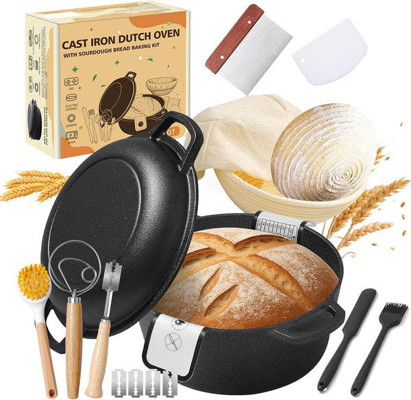 Pre-Seasoned Cast Iron Dutch Oven for Bread Baking - Incl. Sourdough Bread-Baking Supplies like Proofing Basket, 2-In-1 Dutch Oven Pot with Skillet Lid and Dual Handles, Sour Dough Tools, Lame, 5QT1