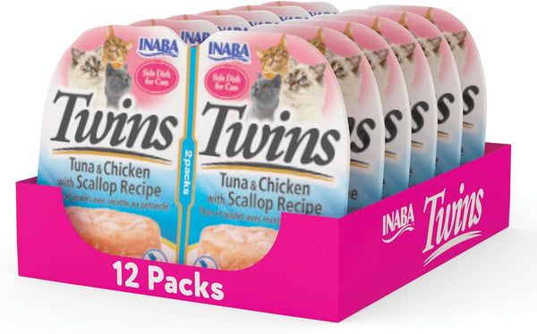 INABA Twins Wet Cat Treat Side Dish, Tuna Chicken Scallop, 12Ct | Immune Support, Antioxidant Support, 89.5% Moisture, 20 Calories, Meal Topper, 6 X 2.46 Oz Twin Cups1