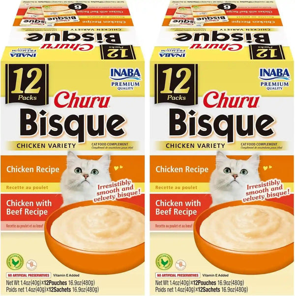 INABA Churu Bisque for Cats, Creamy Lickable Purée Side Dish with Vitamin E, 1.4 Ounces per Pouch, 12 Pouches, Tuna & Chicken Variety16