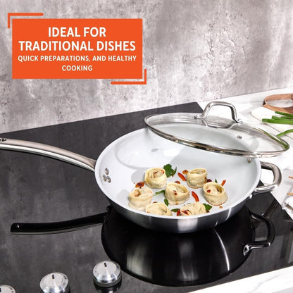 12 Inch 2 Ply Aluminum Ceramic Wok with Glass Lid, Gray | Ceramic Nonstick Interior, 2 Ply Construction, Long and Helper Handles, Ideal for Fried Rice, Noodles and Everyday Cooking7