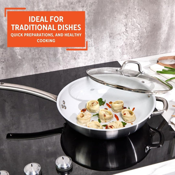 12 Inch 2 Ply Aluminum Ceramic Wok with Glass Lid, Gray | Ceramic Nonstick Interior, 2 Ply Construction, Long and Helper Handles, Ideal for Fried Rice, Noodles and Everyday Cooking7