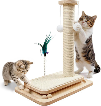 Cat Scratching Post with Sisal Mat and Wooden Base Indoor Scratcher | Stable Cat Scratch Furniture with Durable Sisal Post, Scratch Mat and Hanging Ball, Protects Furniture, Easy Assembly1