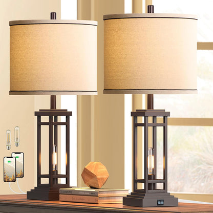 27.5 Tall Farmhouse Table Lamps with USB C + USB a Charge Ports, Rustic Living Room Lamps Set of 2, Black Industrial End Table Lamp for Bedroom Living Room Nightstand (Oil-Rubbed Bronze)1