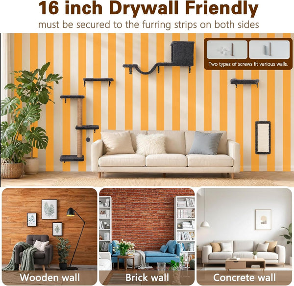 6-In-1 Cat Wall Shelves for Indoor Cats, Wall Mounted Furniture with Bed, Cave, Perch & Scratching Post, Multi-Level Climbing System, Space-Saving Playground, Natural Wood Gray7