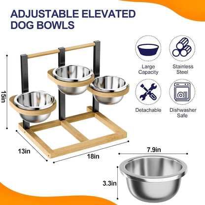 Elevated Dog Bowl,Bamboo Raised Dog Bowl,5-Height | Adjustable Dogs Food Bowls Stand,Dog Feeding Station with 3 Food and Water Bowls for Medium,Large Dogs7