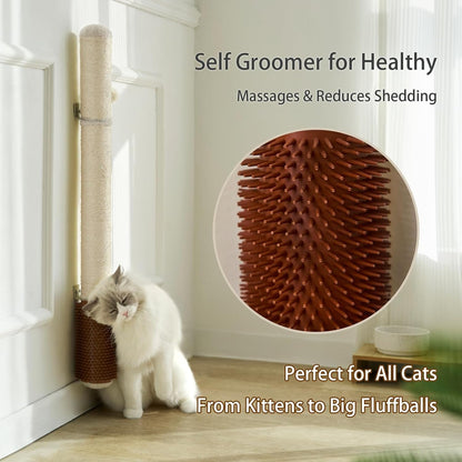 Wall Mounted Cat Scratcher, 34” Extra-Tall Vertical Sisal Scratching Post for Large Cats, Space-Saving Wall Cat Scratcher with Self Grooming Brush & Hanging Ball, Beige2