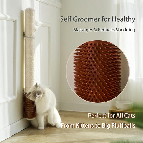 Wall Mounted Cat Scratcher, 34” Extra-Tall Vertical Sisal Scratching Post for Large Cats, Space-Saving Wall Cat Scratcher with Self Grooming Brush & Hanging Ball, Beige2