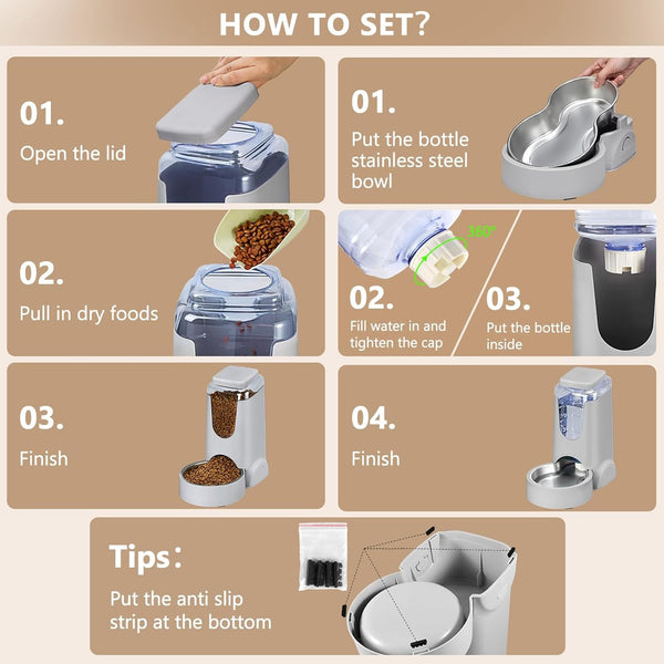 Automatic Cat Feeder and Water Dispenser with Stainless Steel Bowl Dog Gravity Food Feeder and Waterer for Small Medium Pets Puppy Kitten 1 Gallon X 26