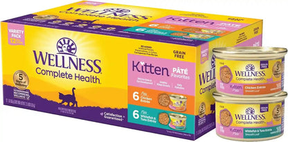 Wellness Complete Health Pate Variety Pack Kitten Canned Wet Cat Food, Natural, Protein Rich, Grain Free, Whitefish and Chicken Recipes, 3 Oz, Pack of 12 Cans1