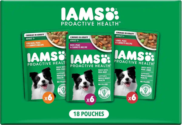 IAMS Proactive Health Wet Dog Food Pouches, Variety Pack, 3.5 Oz, 18 Count | Chicken, Beef & Lamb, Real Meat & Poultry, Omega 6 & 3 Ratio, No Artificial Preservatives or Fillers, Use as Topper or Meal1