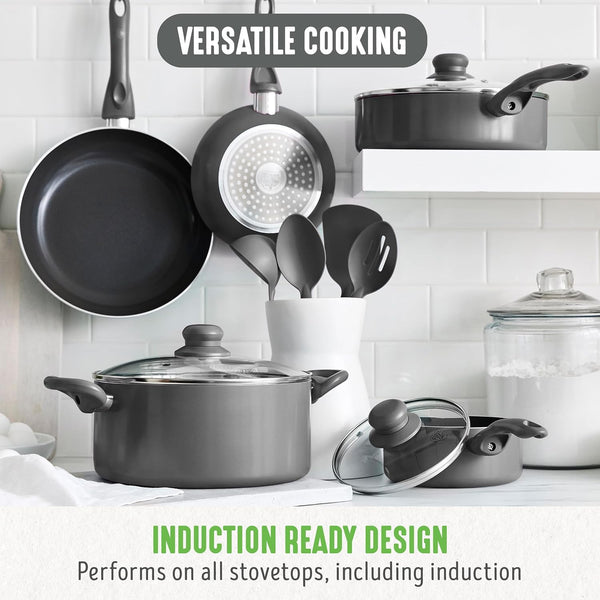 Essentials 12 Piece Cookware Set, Pfas-Free Ceramic Nonstick Pots & Pans, Induction Ready for All Cooktops, Kitchen Cooking & Serving Utensils, Dishwasher Safe, Charcoal Gray2