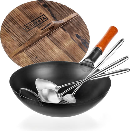 Carbon Steel Wok Pan – 13,5 “ Stir Fry Pans with Flat Bottom + Wooden Wok Lid 13.5 in with Ergonomic Handle + 17" Spatula and Ladle and Turner1