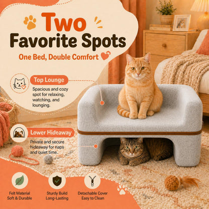 Large Cat Bed for Indoor Cats, 2-Tier Cat Cave Bed with Top Lounge & Lower Hideaway, Washable PET Felt Cat Sofa for Living Room, Bedroom, Apartment, Scratch-Friendly Cat Furniture, Light Gray3
