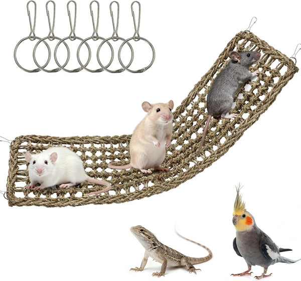 30X7Inch Rat Climbing Toys for Cage, Chewable Natural Seagrass Mat | with Metal Hooks, Soft Fall Breakers for Rats, Rat Ladder Bridge Toy with Mild Grassy Scent, Rodent Hammock Cage Accessories1