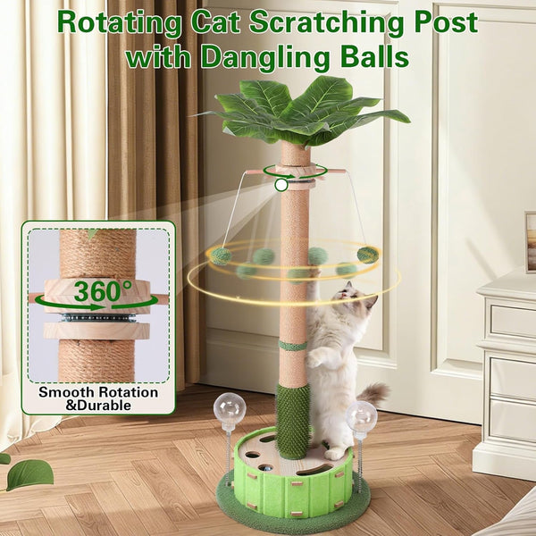 Plam Tree Cat Scratching Post 40" Tall with Cat Toys for Indoor Large Cats | Sturdy Base Cat Scratcher Posts for Adult Cats with Rotating Hanging Ball, Cat Puzzle Toy and Spring Cat Treat Dispenser3