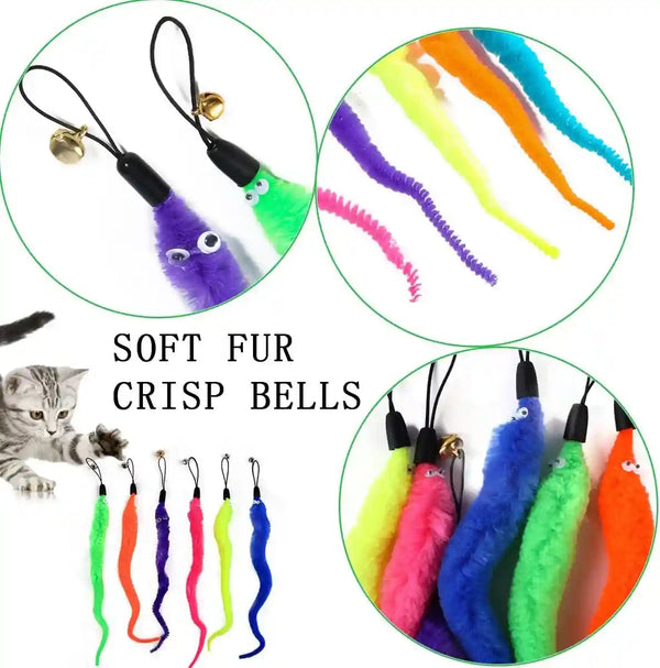 Kuuguu 24 PCS Cat Worm Toy Replacement Teaser with Bell Refills Indoor Cat'S Interactive Wand and Catch Wand Soft Squiggly Worm Teaser Refills Attachment Interactive Catch Toy Accessories （6 Color）3