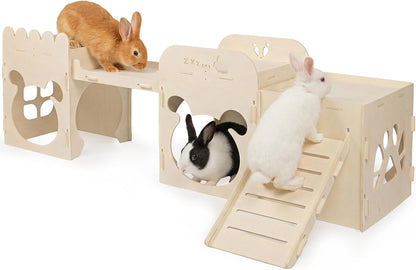 Extra Large Rabbit Castle, Wooden Bunny House &,Detachable Rabbit Hideaway, Indoor Hamster Castle with Ramp, Small Animal Houses & Habitats for Guinea Pig Chinchilla Ferret(3 House)11