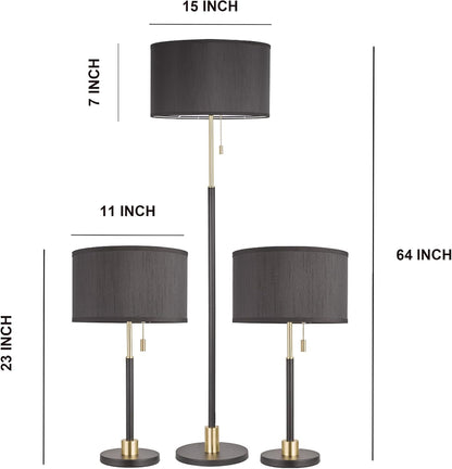 Table and Floor Lamp Set of 3 Pack Lamp Set with Black Linen Lampshade, Farmhouse Light Sets, Modern Table Lamps and Floor Lamp for Living Room, Bedroom, Nightstands, Black and Gold Splicing Finish5