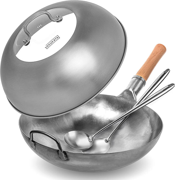 Non-Seasoned Round-Bottom Carbon Steel Wok Pan + Wok Lid 13.6 Inch + 17’’ Wok Spatula and Ladle1