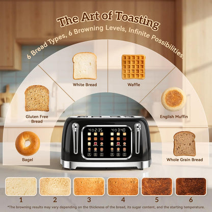 Retro Toaster 4 Slice with Stainless Steel Wide Slot Touch Screen for Family Breakfast, 6 Browning Levels for Bagel & Bread, Reheat & Defrost, Removable Crumb Tray, Jet Black2