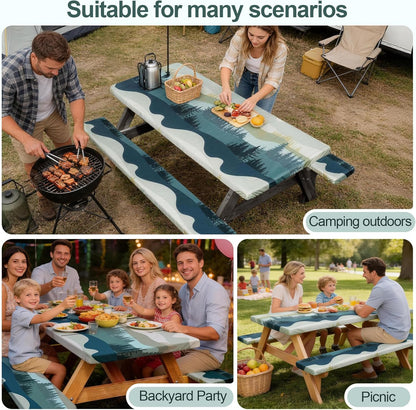 Picnic Table Cover Bench Covers Camping Essentials Tablecloth | Waterproof Vinyl for Outdoor, Windproof Elastic Fitted Edges, RV BBQ Accessories Must Haves, Storage Bag Included7