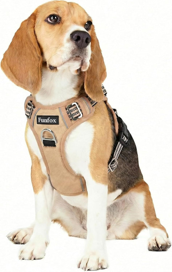 Funfox Dog Harness Medium Sized Dog, Vertical Handle Easy Control, No Pull Pet Vest Adjustable with 2 Leash Clips, Soft Material, Reflective Safe Night Walking for Small Medium Large Breed, Black, M43