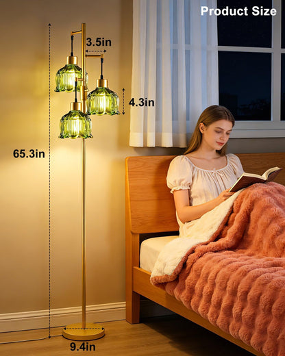 Floral Floor Lamp Dimmable Floor Flower Lamp Green Glass Shade | Gold Tall Lamp 3-Light Bulbs Included,Mid Century Standing Lamp with 5Lbs Heavy Base for Living Room/Bedroom/Sofa Beside6