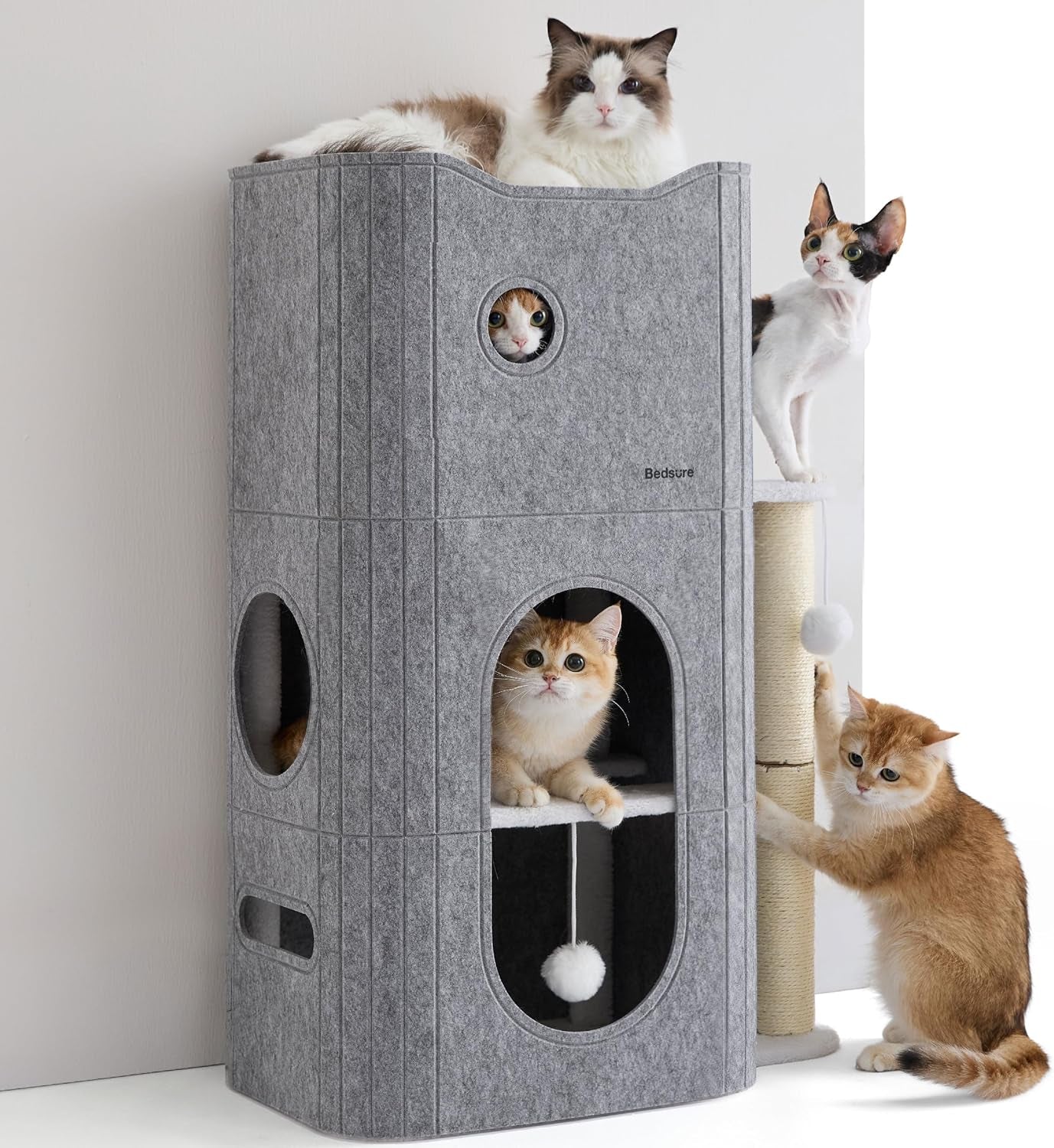 bedsure-cat-house-bed-for-indoor-cats-with-fluffy-ball-and-scratch-pad-grey-16-5x16-5x13-in-large-cat-cave-for-multiple-pets-foldable-cat-hideway-cube-for-sleeping-kitten