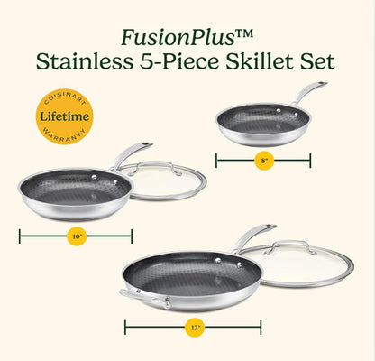 Skillet Set Purelysear Hybrid Stainless Steel 5 Pc | Stainless Steel Cookware Set, Hybrid Technology Induction Cookware, Essential Sizes for Chefs and Families, FPS-5SSCR8