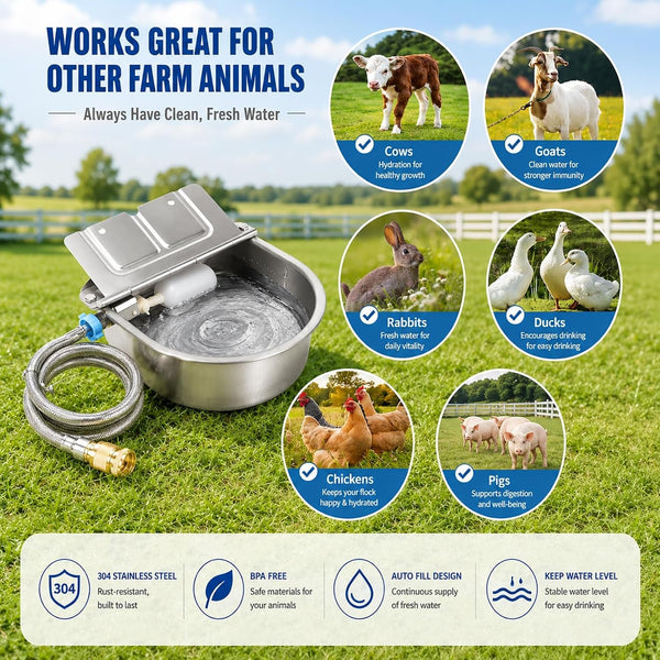 FHTONGE 304 Stainless Steel Automatic Dog Water Bowl Dispenser with Outfall | Float Valves Auto Fill, Wall-Mounted Dog Waterer for Outdoor Big Dog Livestock Poultry Horse Cow Goat Pig Chicken Duck Rabbit6