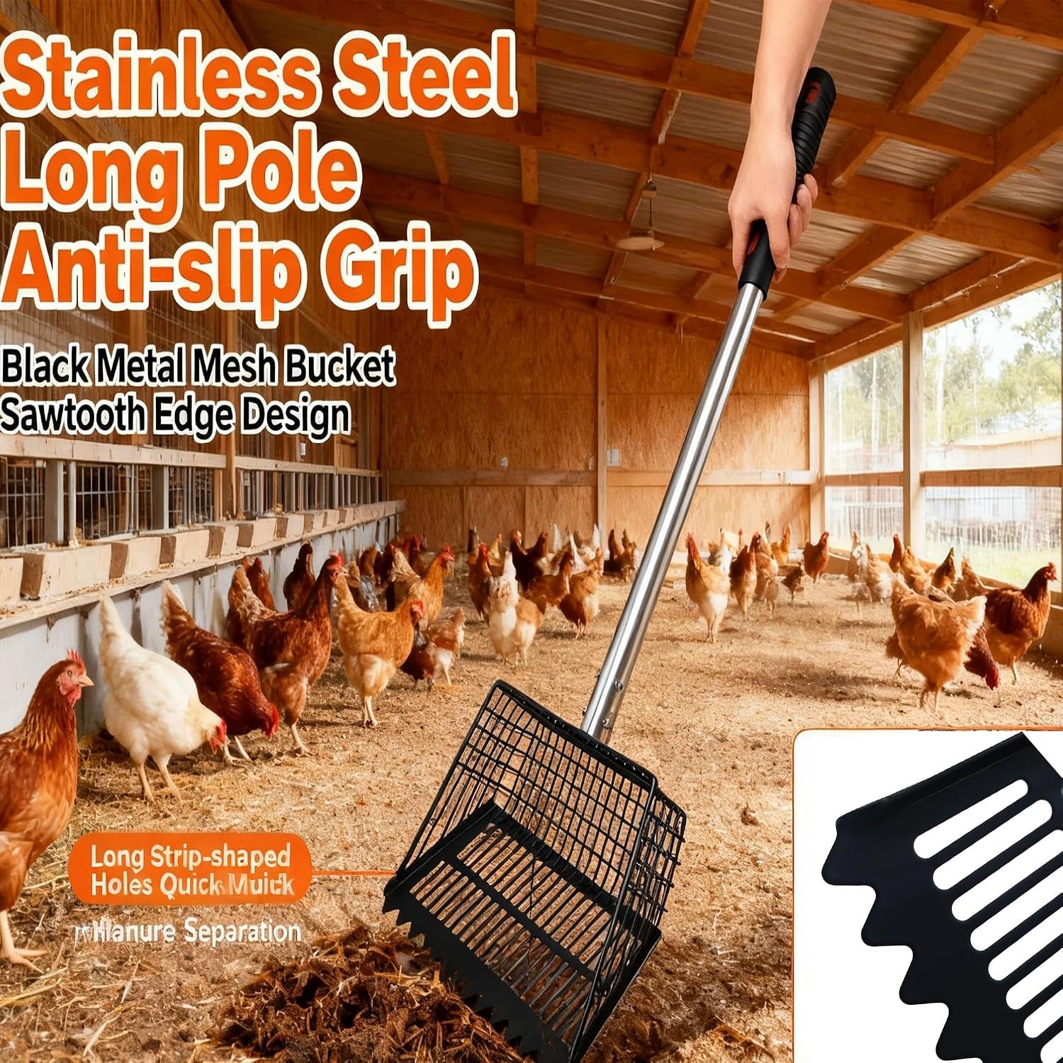 chicken-poop-scooper-rake-2-in-1-adjustable-35-65-stainless-steel-handle-heavy-duty-metal-black-shovel-head-for-chicken-coop-cleaning-pet-waste-cat-litter-sifting