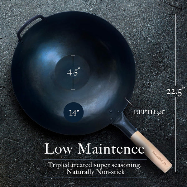 Pre Seasoned Blue Carbon Steel Flat Bottom Wok -14 Inch Chinese Pow Wok - Traditionally Hand Hammered Woks and Stir Fry Pans3