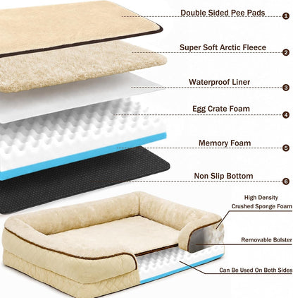 Large Dog Sofa Bed with Reusable Potty Pad - 44.5" X 33.5" X 6.7" Beige Dog Sofa with Soft Plush Surface, Raised Bolsters, Removable Bolster, and Non-Slip Bottom for Large Dogs - Xlarge3